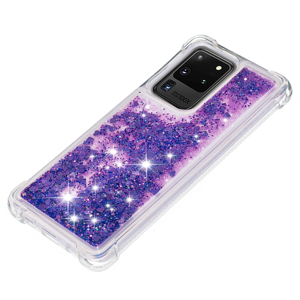 Quicksand Flowing Glitter Anti-drop Soft TPU Phone Case Protector for Samsung Galaxy S20 Ultra - Dark Purple Hearts