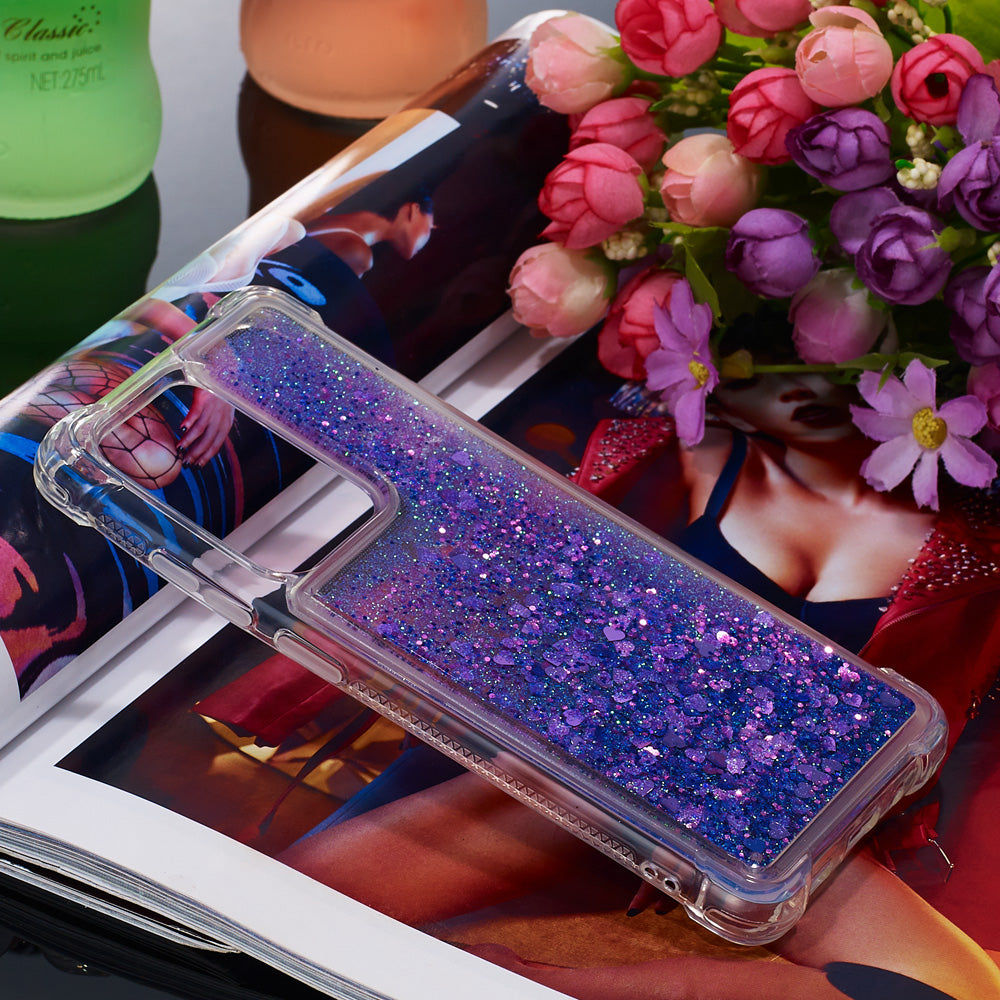 Quicksand Flowing Glitter Anti-drop Soft TPU Phone Case Protector for Samsung Galaxy S20 Ultra - Dark Purple Hearts