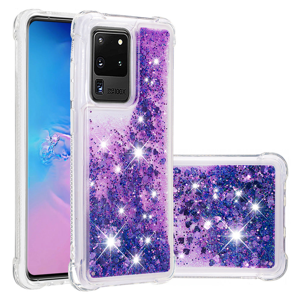 Quicksand Flowing Glitter Anti-drop Soft TPU Phone Case Protector for Samsung Galaxy S20 Ultra - Dark Purple Hearts