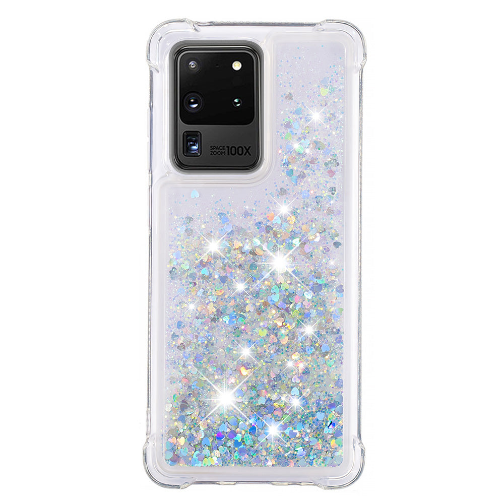 Quicksand Flowing Glitter Anti-drop Soft TPU Phone Case Protector for Samsung Galaxy S20 Ultra - Silver Hearts