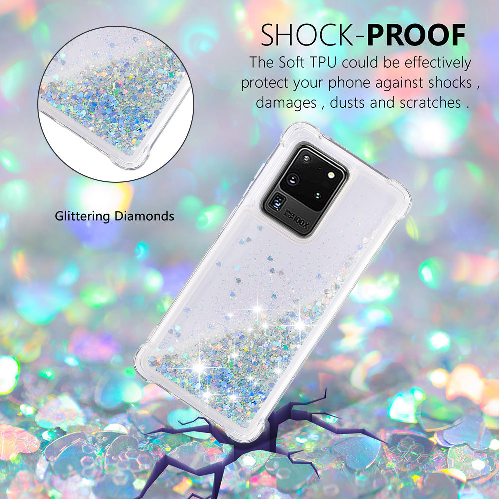 Quicksand Flowing Glitter Anti-drop Soft TPU Phone Case Protector for Samsung Galaxy S20 Ultra - Silver Hearts