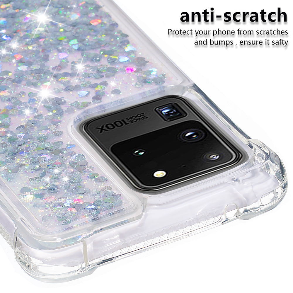 Quicksand Flowing Glitter Anti-drop Soft TPU Phone Case Protector for Samsung Galaxy S20 Ultra - Silver Hearts