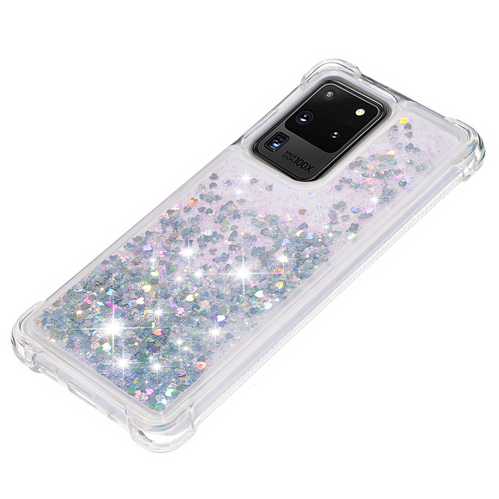 Quicksand Flowing Glitter Anti-drop Soft TPU Phone Case Protector for Samsung Galaxy S20 Ultra - Silver Hearts