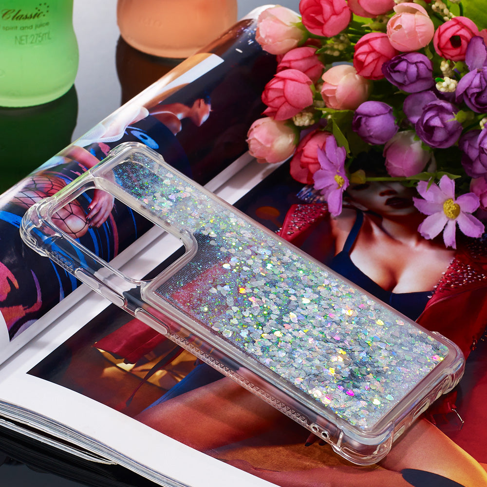 Quicksand Flowing Glitter Anti-drop Soft TPU Phone Case Protector for Samsung Galaxy S20 Ultra - Silver Hearts