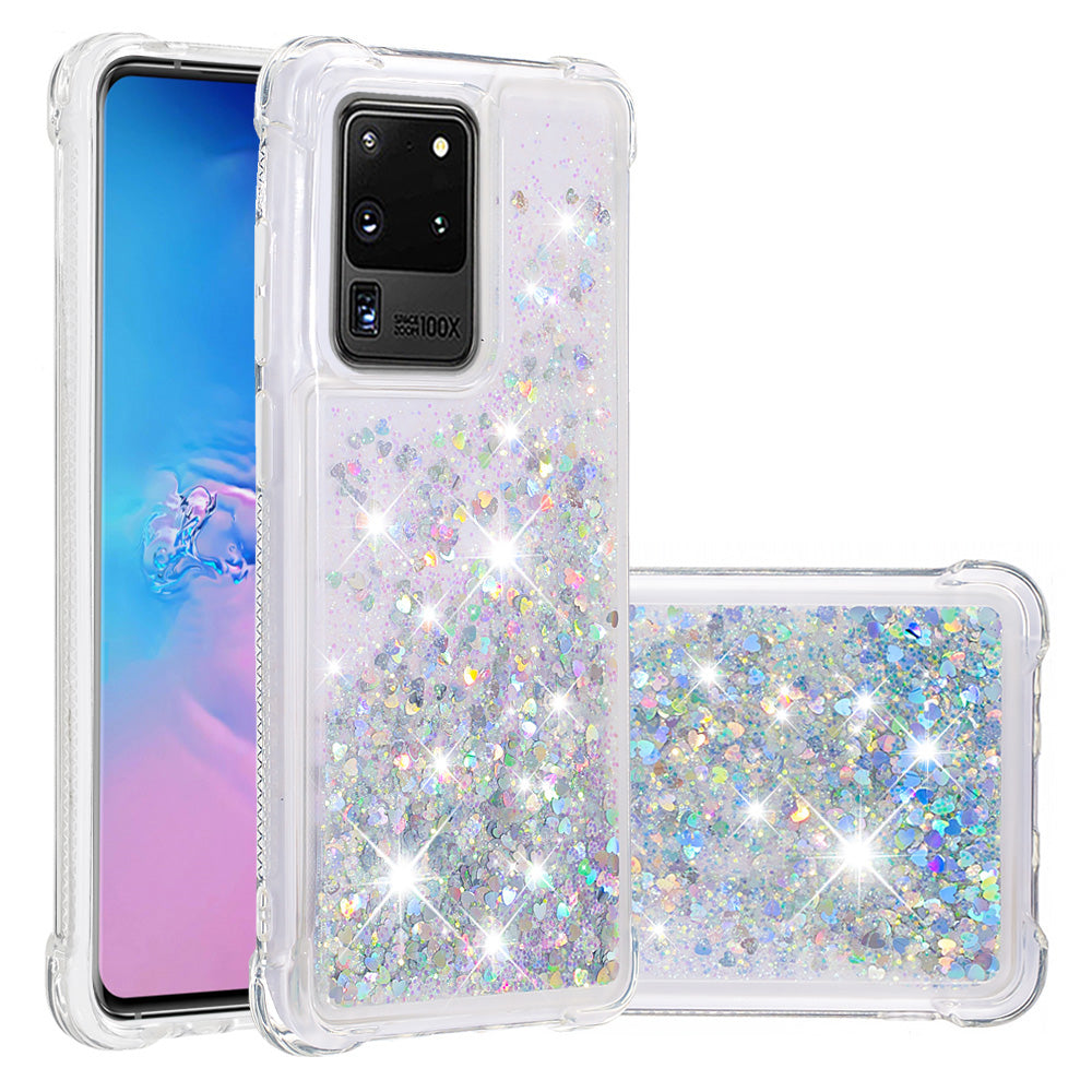 Quicksand Flowing Glitter Anti-drop Soft TPU Phone Case Protector for Samsung Galaxy S20 Ultra - Silver Hearts