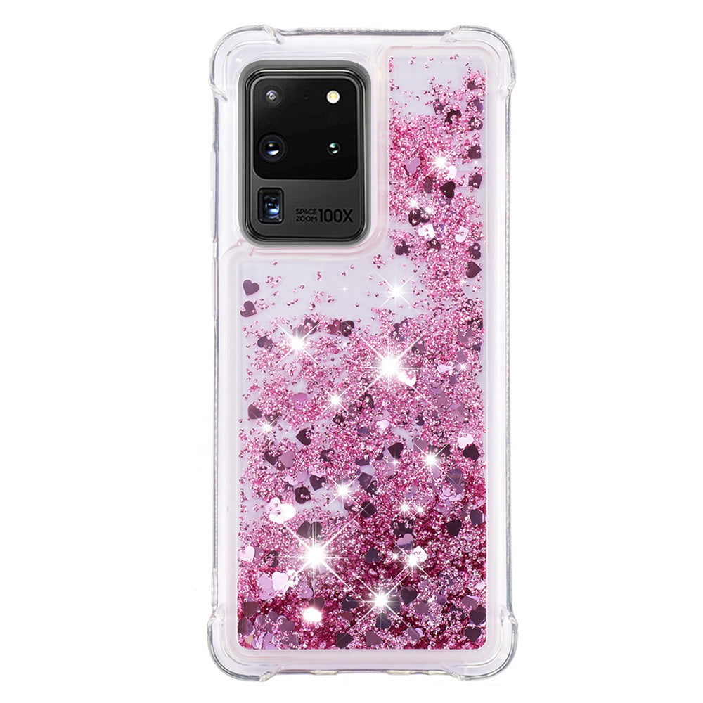 Quicksand Flowing Glitter Anti-drop Soft TPU Phone Case Protector for Samsung Galaxy S20 Ultra - Rose Gold Hearts