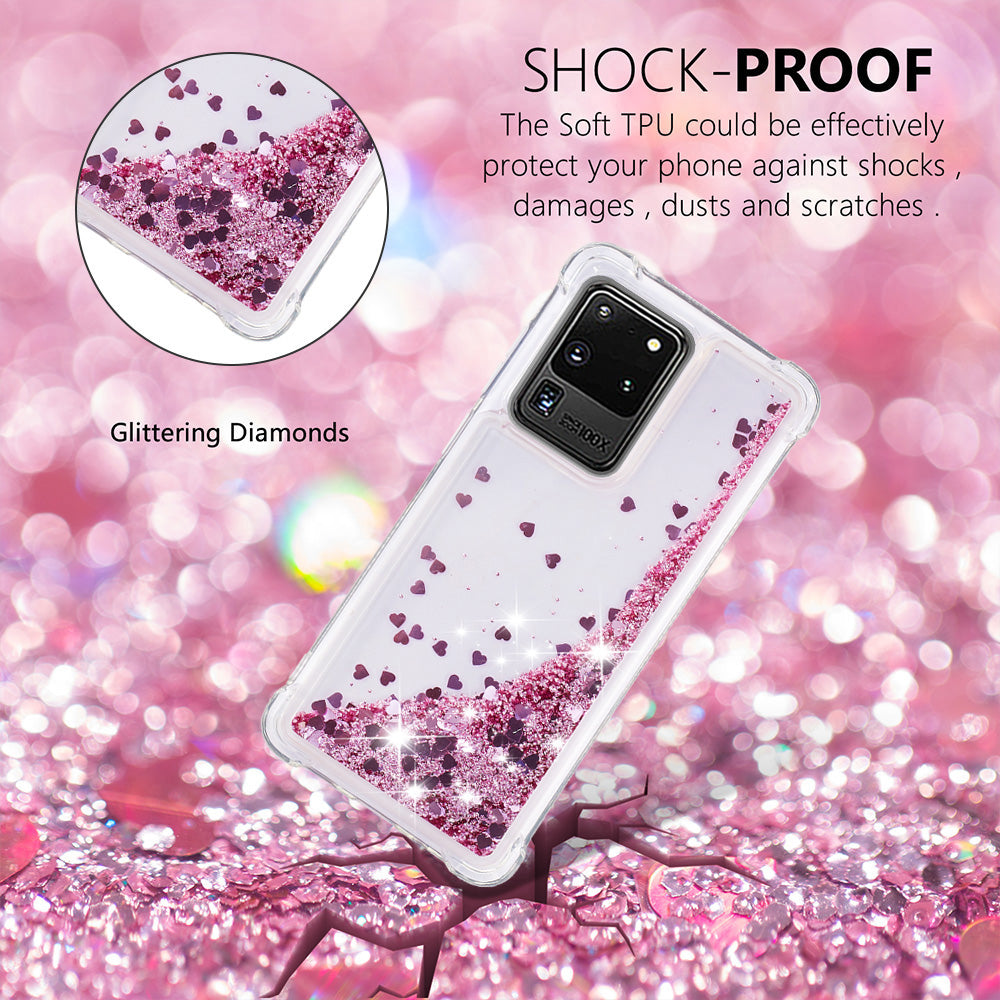 Quicksand Flowing Glitter Anti-drop Soft TPU Phone Case Protector for Samsung Galaxy S20 Ultra - Rose Gold Hearts