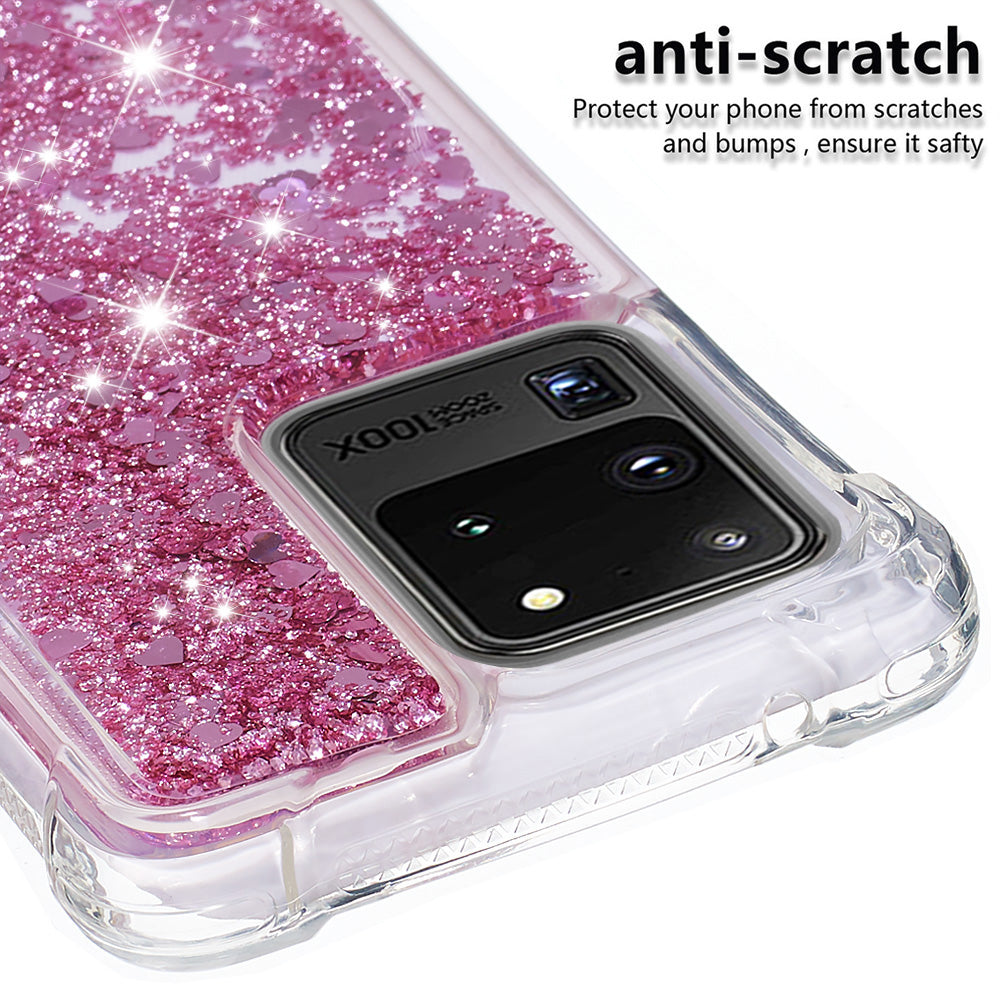 Quicksand Flowing Glitter Anti-drop Soft TPU Phone Case Protector for Samsung Galaxy S20 Ultra - Rose Gold Hearts