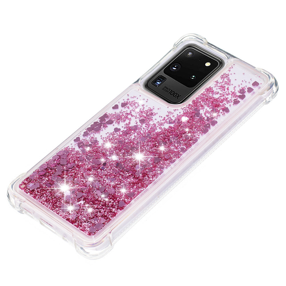 Quicksand Flowing Glitter Anti-drop Soft TPU Phone Case Protector for Samsung Galaxy S20 Ultra - Rose Gold Hearts