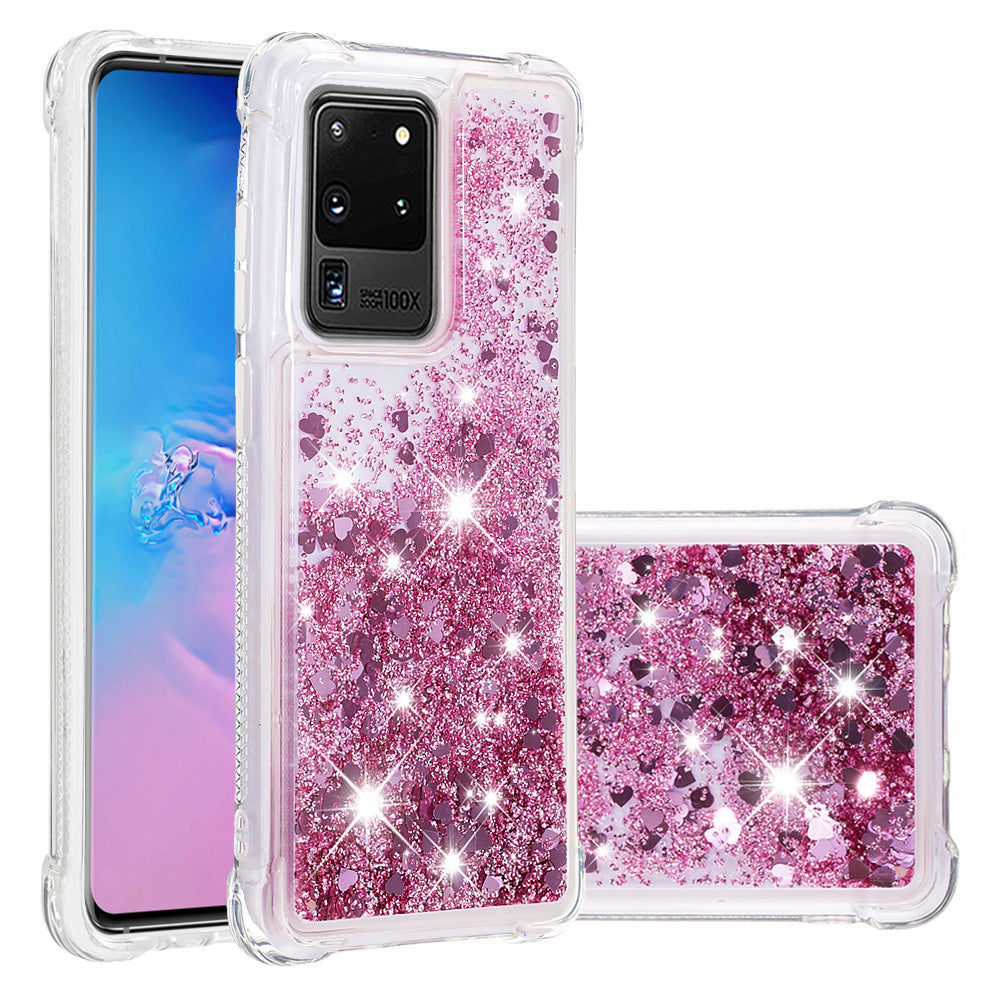 Quicksand Flowing Glitter Anti-drop Soft TPU Phone Case Protector for Samsung Galaxy S20 Ultra - Rose Gold Hearts