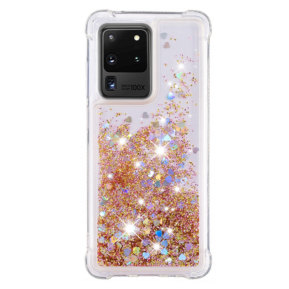 Quicksand Flowing Glitter Anti-drop Soft TPU Phone Case Protector for Samsung Galaxy S20 Ultra - Gold Hearts