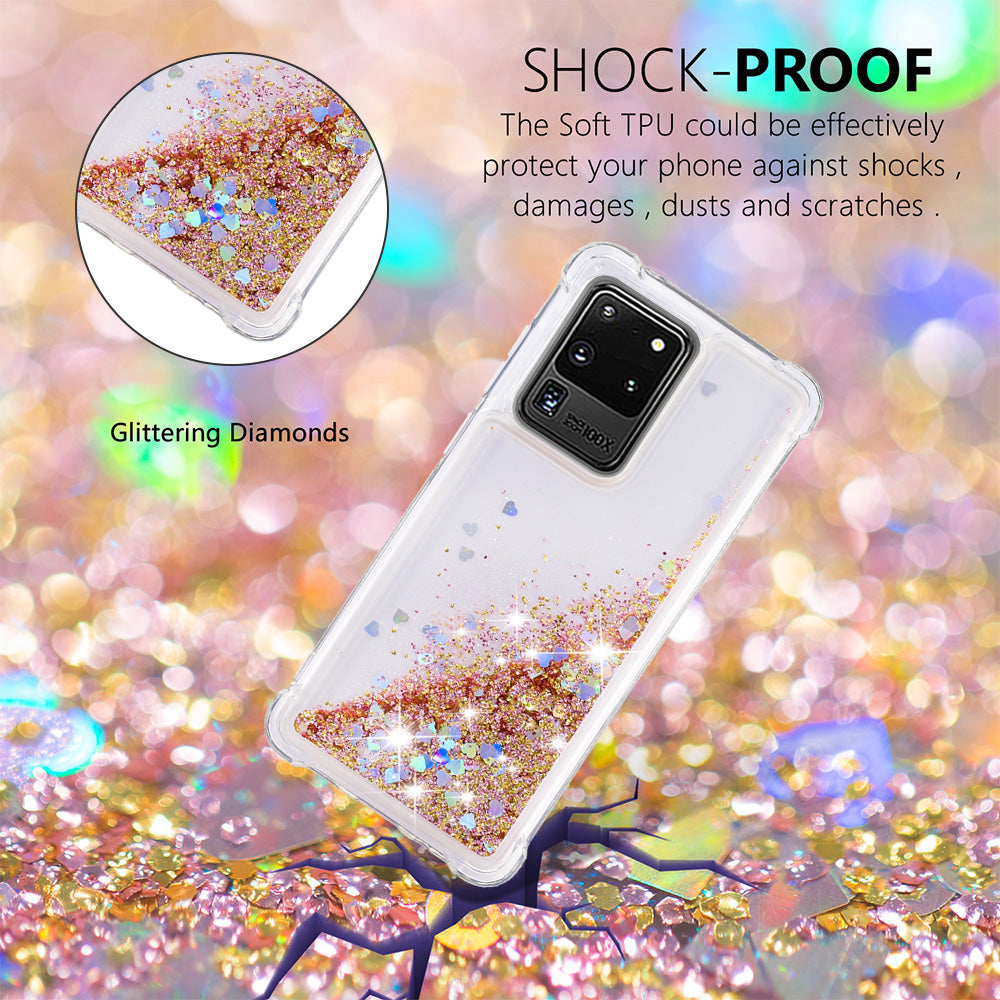 Quicksand Flowing Glitter Anti-drop Soft TPU Phone Case Protector for Samsung Galaxy S20 Ultra - Gold Hearts