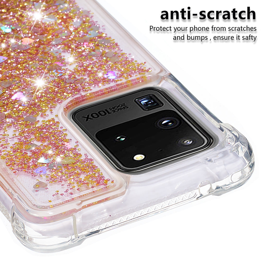 Quicksand Flowing Glitter Anti-drop Soft TPU Phone Case Protector for Samsung Galaxy S20 Ultra - Gold Hearts