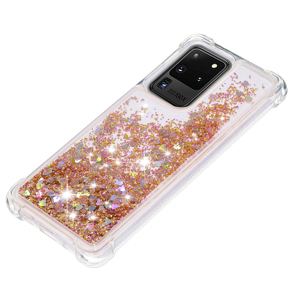 Quicksand Flowing Glitter Anti-drop Soft TPU Phone Case Protector for Samsung Galaxy S20 Ultra - Gold Hearts