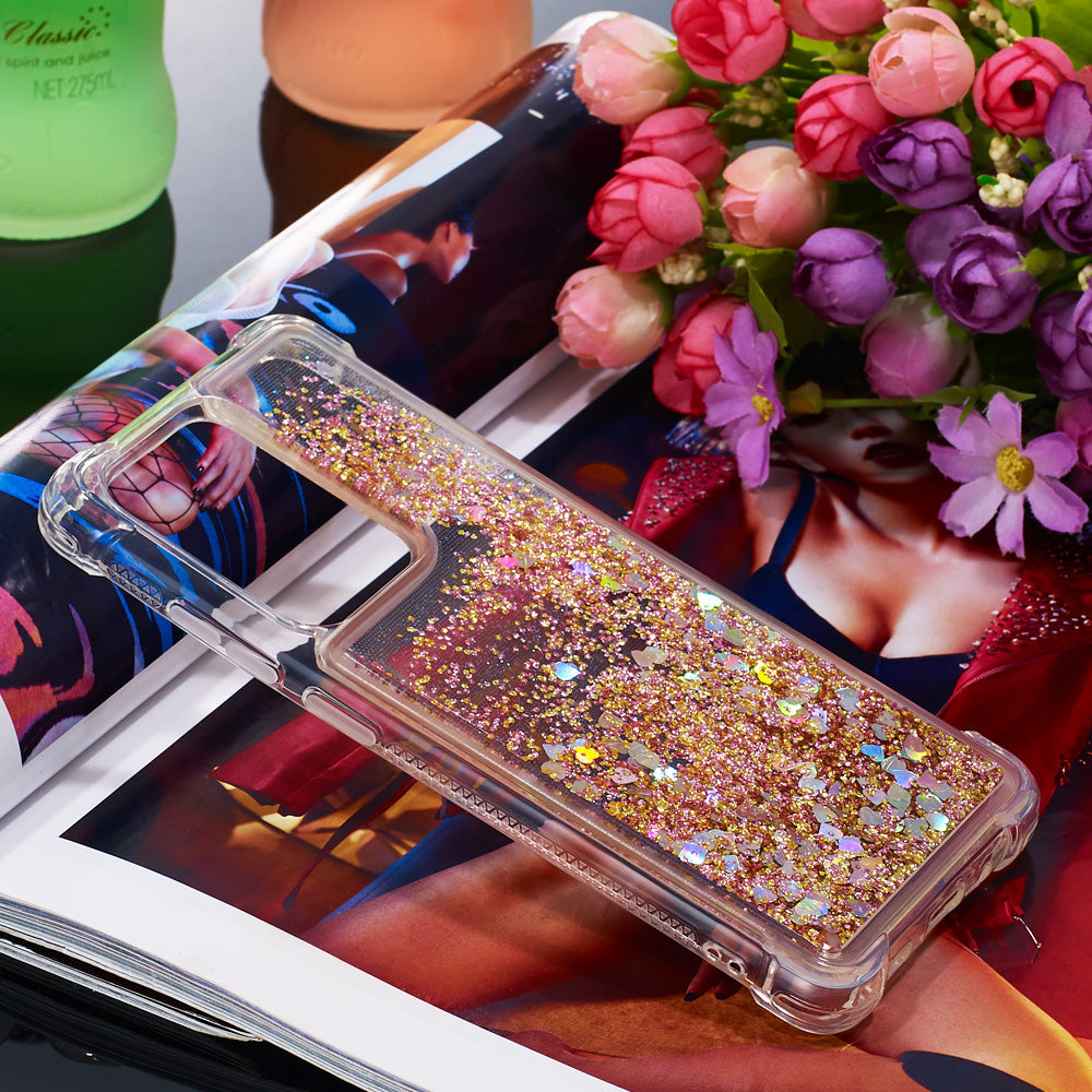 Quicksand Flowing Glitter Anti-drop Soft TPU Phone Case Protector for Samsung Galaxy S20 Ultra - Gold Hearts