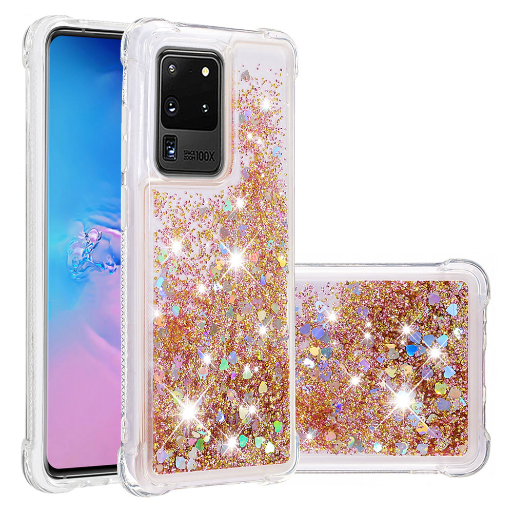 Quicksand Flowing Glitter Anti-drop Soft TPU Phone Case Protector for Samsung Galaxy S20 Ultra - Gold Hearts