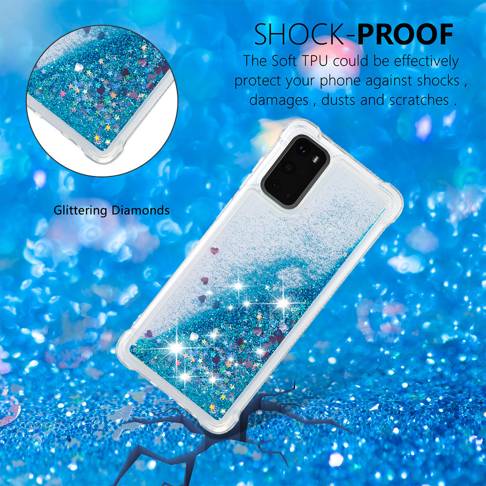 Quicksand Flowing Liquid Glitter Scratch-resistant TPU Mobile Phone Case Shell for Samsung Galaxy S20 4G/S20 5G - Blue Hearts