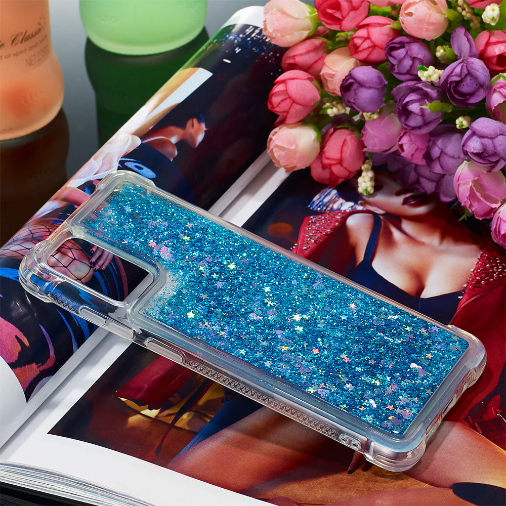 Quicksand Flowing Liquid Glitter Scratch-resistant TPU Mobile Phone Case Shell for Samsung Galaxy S20 4G/S20 5G - Blue Hearts