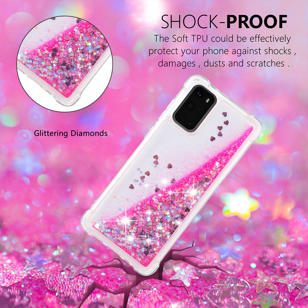 Quicksand Flowing Liquid Glitter Scratch-resistant TPU Mobile Phone Case Shell for Samsung Galaxy S20 4G/S20 5G - Pink Hearts