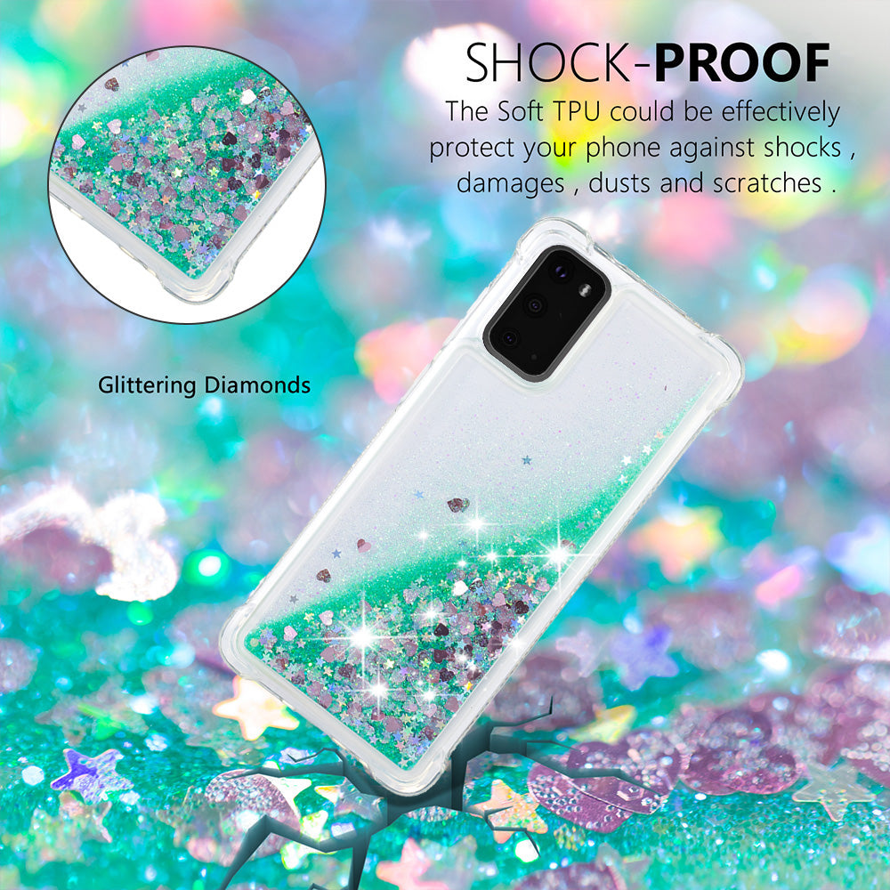 Quicksand Flowing Liquid Glitter Scratch-resistant TPU Mobile Phone Case Shell for Samsung Galaxy S20 4G/S20 5G - Green Hearts