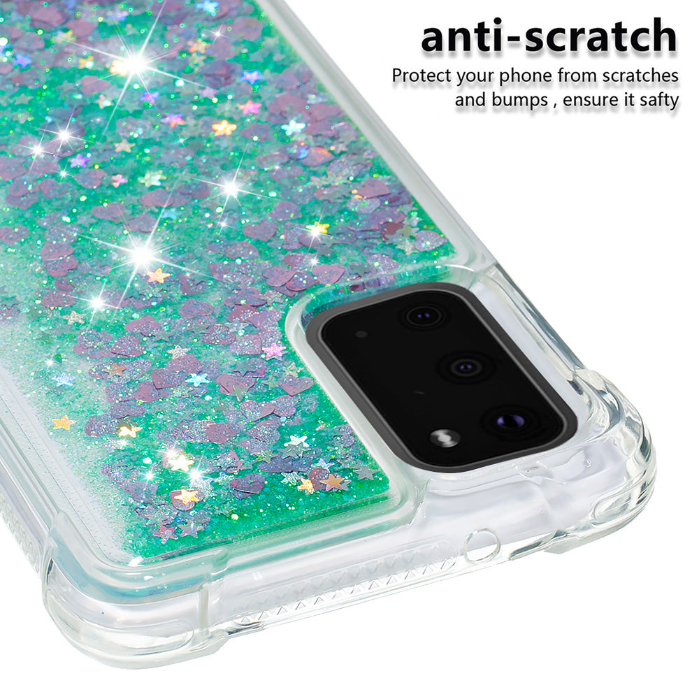 Quicksand Flowing Liquid Glitter Scratch-resistant TPU Mobile Phone Case Shell for Samsung Galaxy S20 4G/S20 5G - Green Hearts