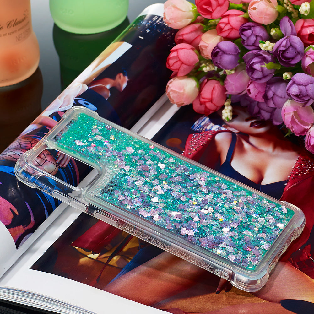 Quicksand Flowing Liquid Glitter Scratch-resistant TPU Mobile Phone Case Shell for Samsung Galaxy S20 4G/S20 5G - Green Hearts