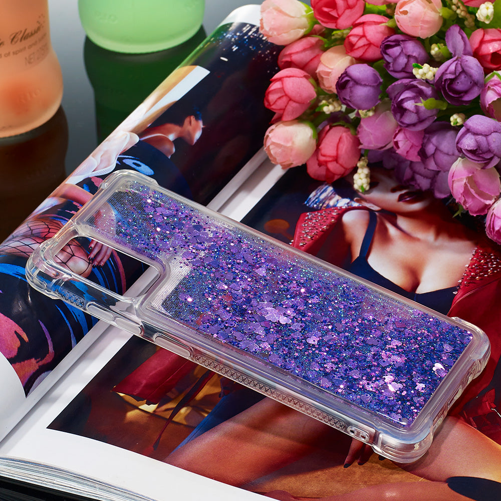 Quicksand Flowing Liquid Glitter Scratch-resistant TPU Mobile Phone Case Shell for Samsung Galaxy S20 4G/S20 5G - Dark Purple Hearts