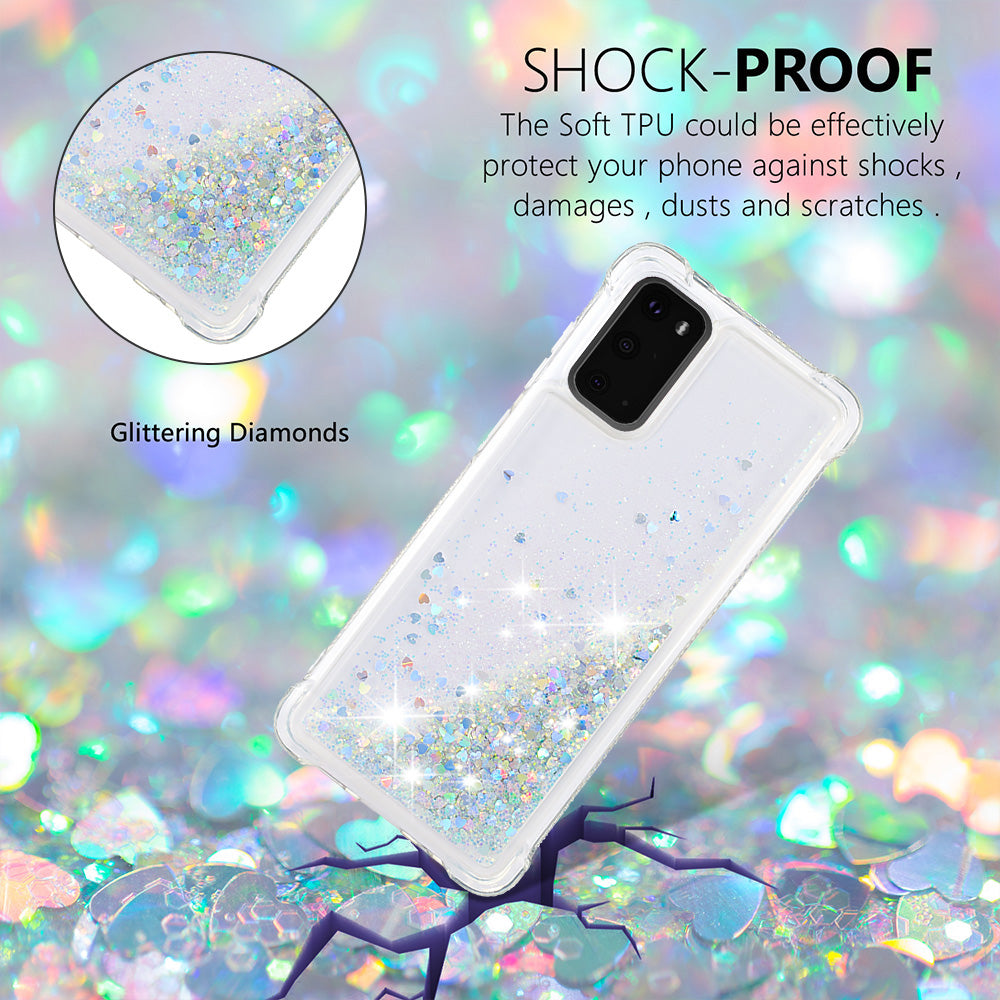 Quicksand Flowing Liquid Glitter Scratch-resistant TPU Mobile Phone Case Shell for Samsung Galaxy S20 4G/S20 5G - Silver Hearts