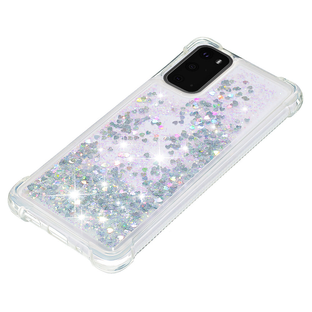 Quicksand Flowing Liquid Glitter Scratch-resistant TPU Mobile Phone Case Shell for Samsung Galaxy S20 4G/S20 5G - Silver Hearts