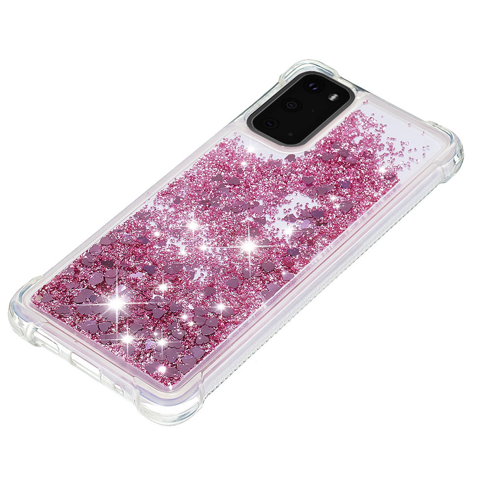 Quicksand Flowing Liquid Glitter Scratch-resistant TPU Mobile Phone Case Shell for Samsung Galaxy S20 4G/S20 5G - Rose Gold Hearts