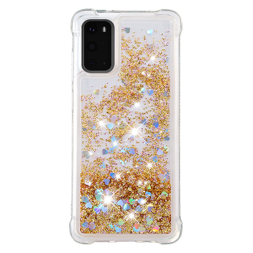 Quicksand Flowing Liquid Glitter Scratch-resistant TPU Mobile Phone Case Shell for Samsung Galaxy S20 4G/S20 5G - Gold Hearts