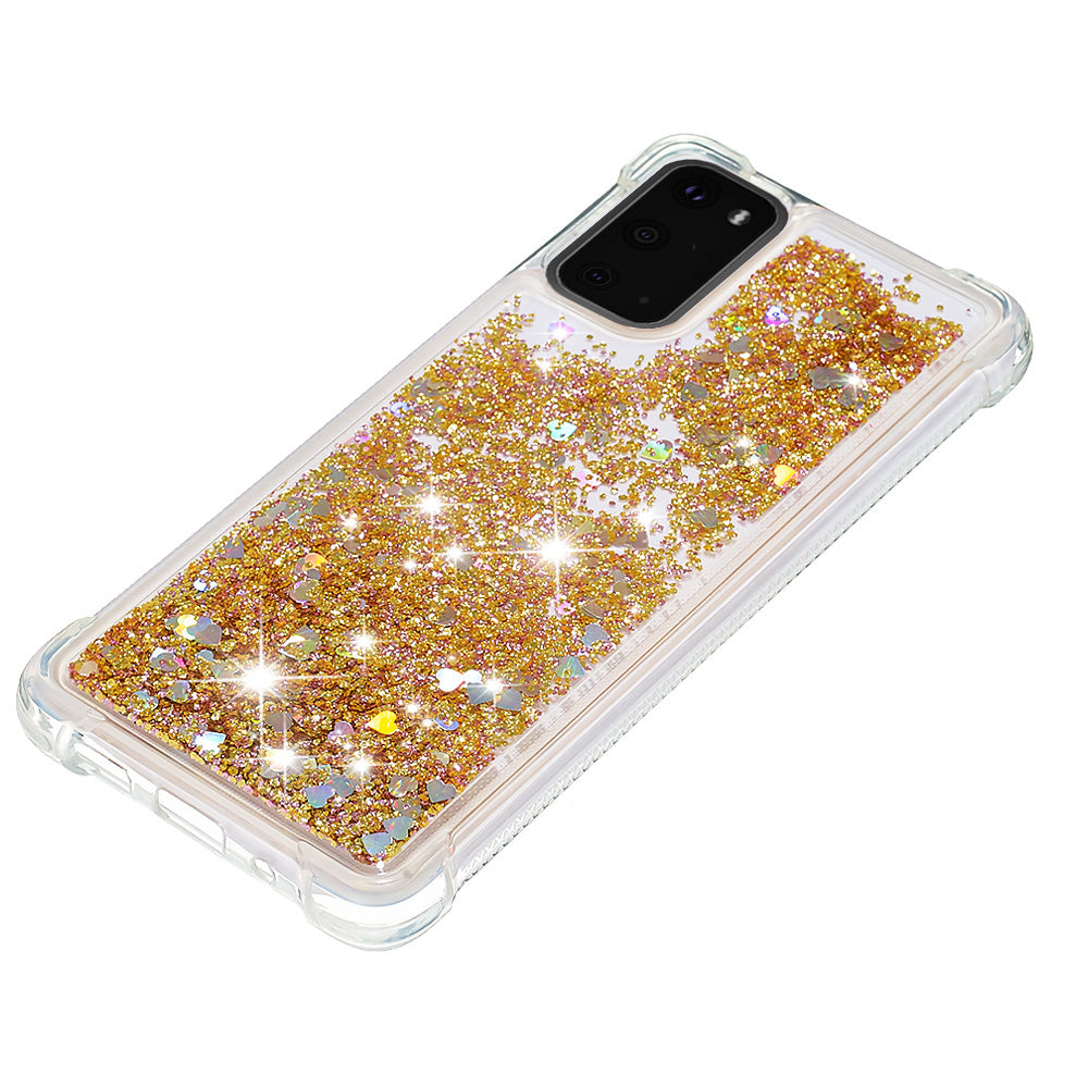 Quicksand Flowing Liquid Glitter Scratch-resistant TPU Mobile Phone Case Shell for Samsung Galaxy S20 4G/S20 5G - Gold Hearts