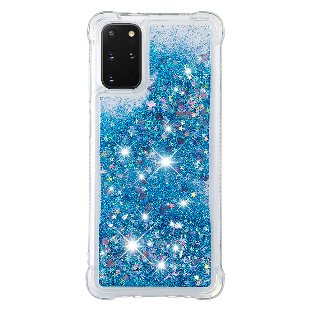 Well-protected Soft TPU Flowing Quicksand Phone Cover Case for Samsung Galaxy S20 Plus 4G/5G - Blue Hearts