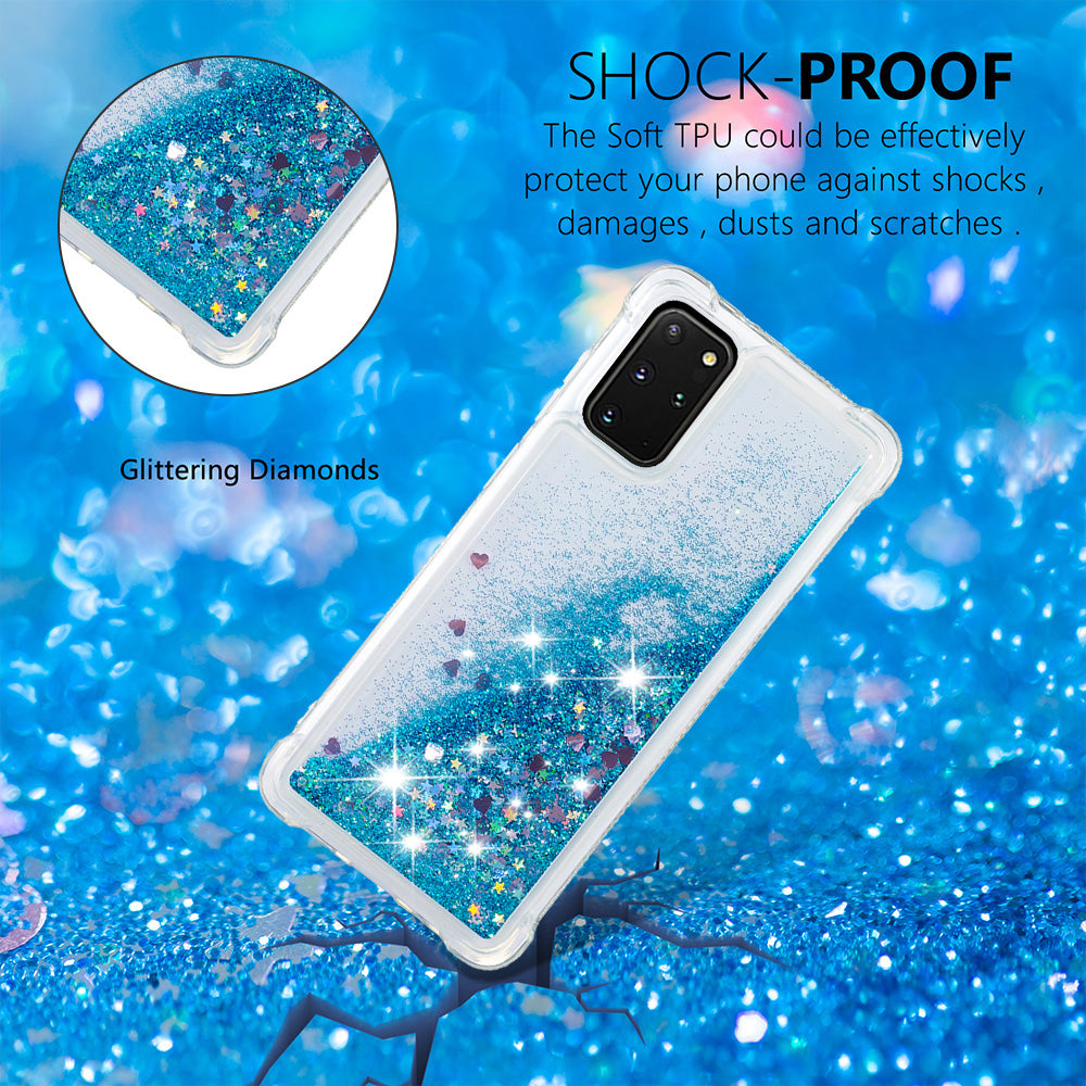 Well-protected Soft TPU Flowing Quicksand Phone Cover Case for Samsung Galaxy S20 Plus 4G/5G - Blue Hearts