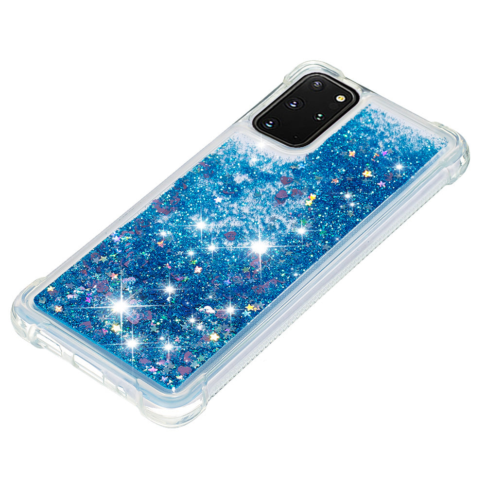 Well-protected Soft TPU Flowing Quicksand Phone Cover Case for Samsung Galaxy S20 Plus 4G/5G - Blue Hearts