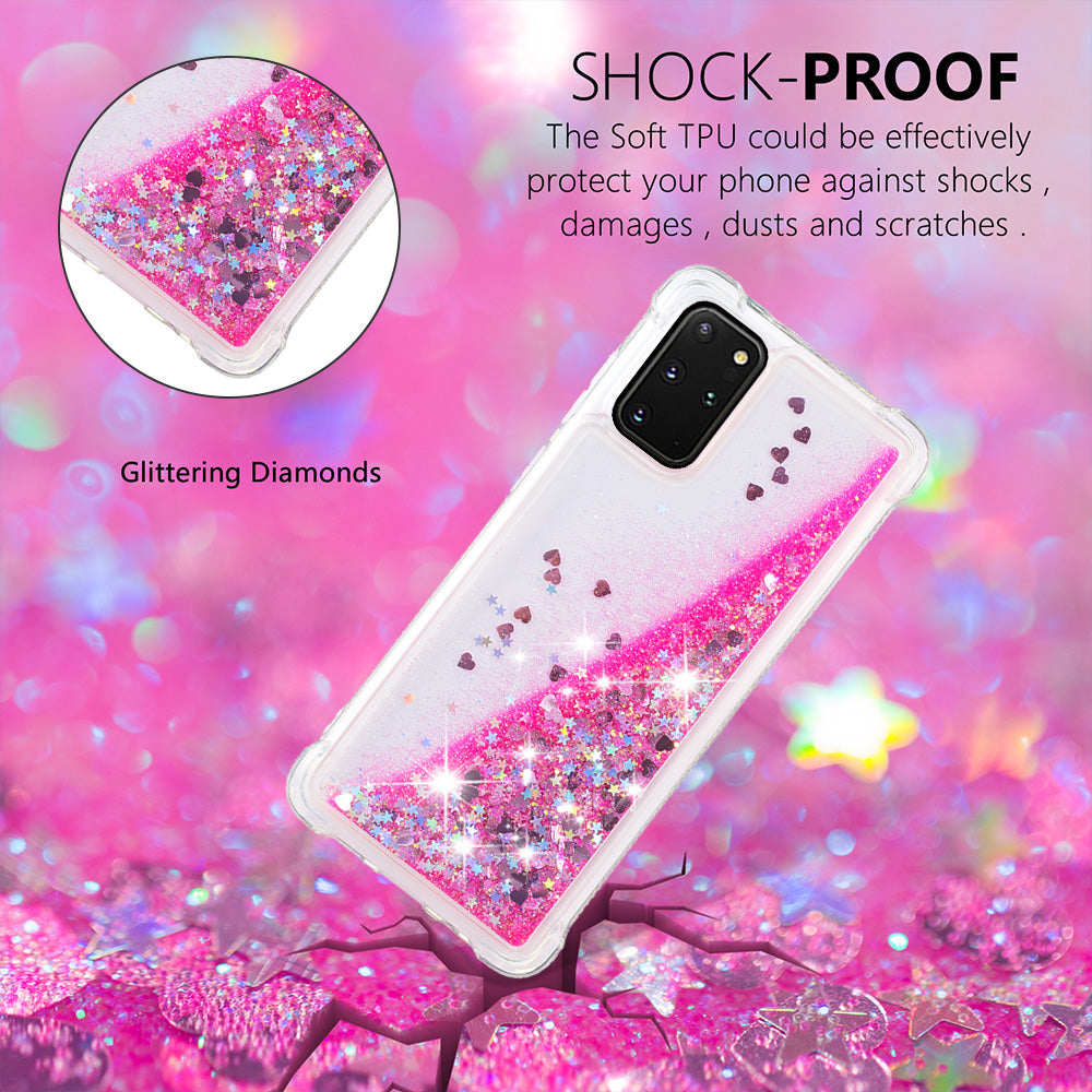 Well-protected Soft TPU Flowing Quicksand Phone Cover Case for Samsung Galaxy S20 Plus 4G/5G - Pink Hearts