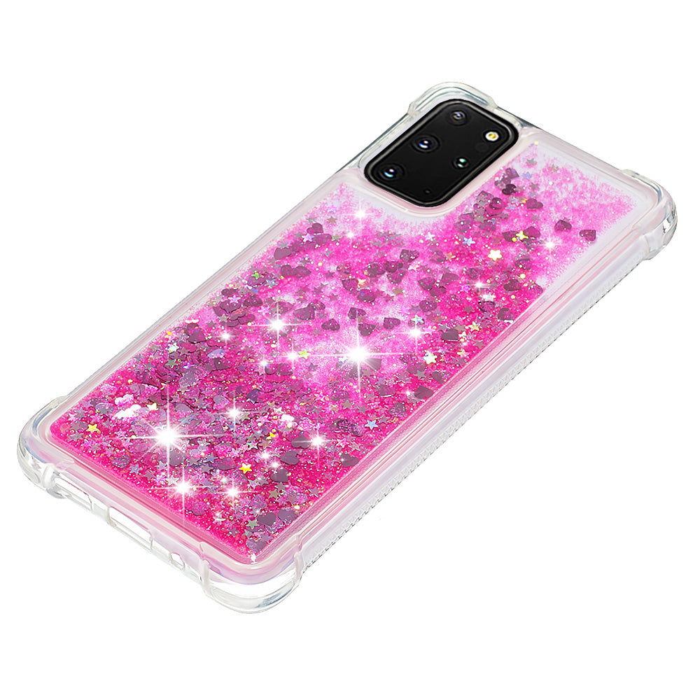 Well-protected Soft TPU Flowing Quicksand Phone Cover Case for Samsung Galaxy S20 Plus 4G/5G - Pink Hearts