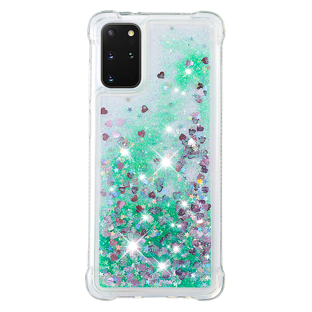 Well-protected Soft TPU Flowing Quicksand Phone Cover Case for Samsung Galaxy S20 Plus 4G/5G - Green Hearts