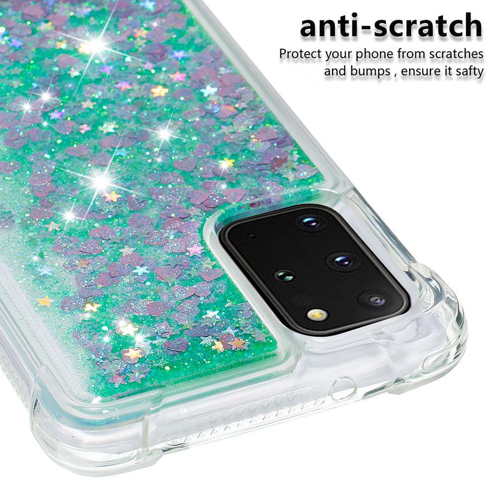 Well-protected Soft TPU Flowing Quicksand Phone Cover Case for Samsung Galaxy S20 Plus 4G/5G - Green Hearts