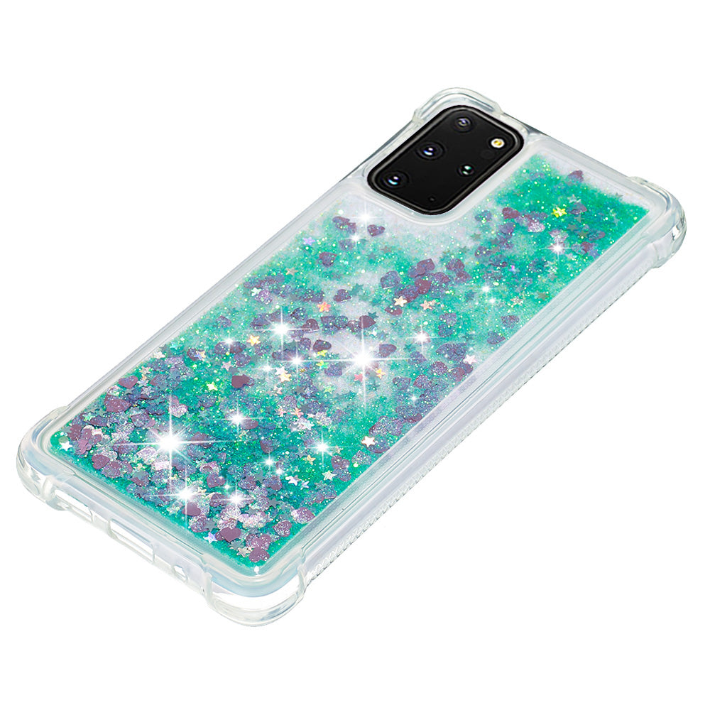 Well-protected Soft TPU Flowing Quicksand Phone Cover Case for Samsung Galaxy S20 Plus 4G/5G - Green Hearts