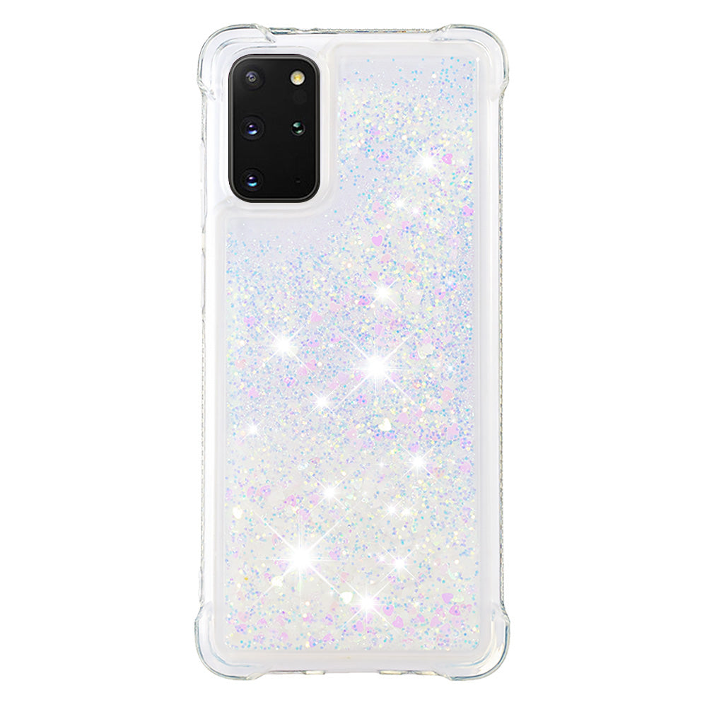 Well-protected Soft TPU Flowing Quicksand Phone Cover Case for Samsung Galaxy S20 Plus 4G/5G - Shiny Hearts