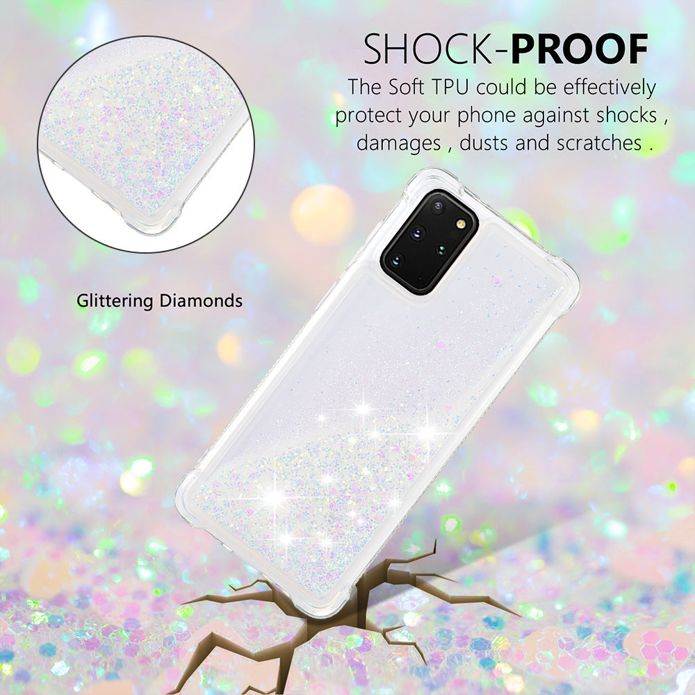 Well-protected Soft TPU Flowing Quicksand Phone Cover Case for Samsung Galaxy S20 Plus 4G/5G - Shiny Hearts