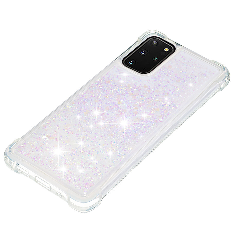 Well-protected Soft TPU Flowing Quicksand Phone Cover Case for Samsung Galaxy S20 Plus 4G/5G - Shiny Hearts