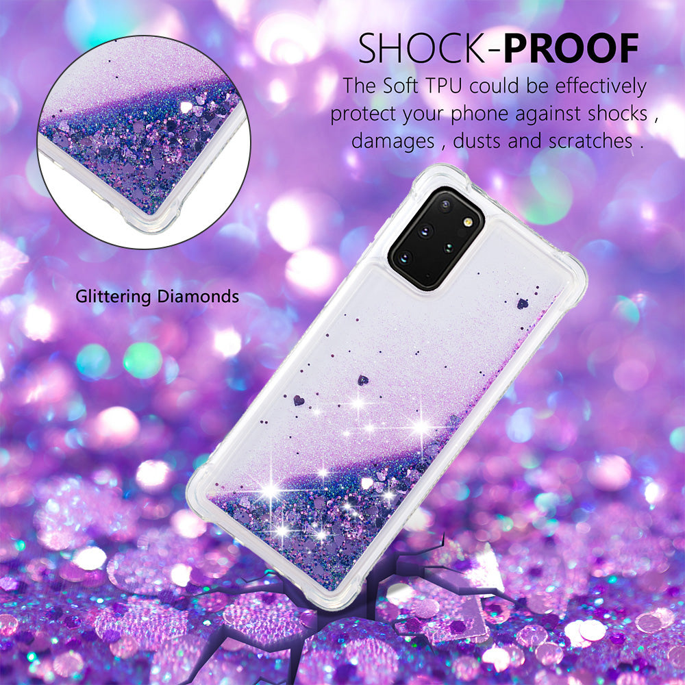 Well-protected Soft TPU Flowing Quicksand Phone Cover Case for Samsung Galaxy S20 Plus 4G/5G - Dark Purple Hearts