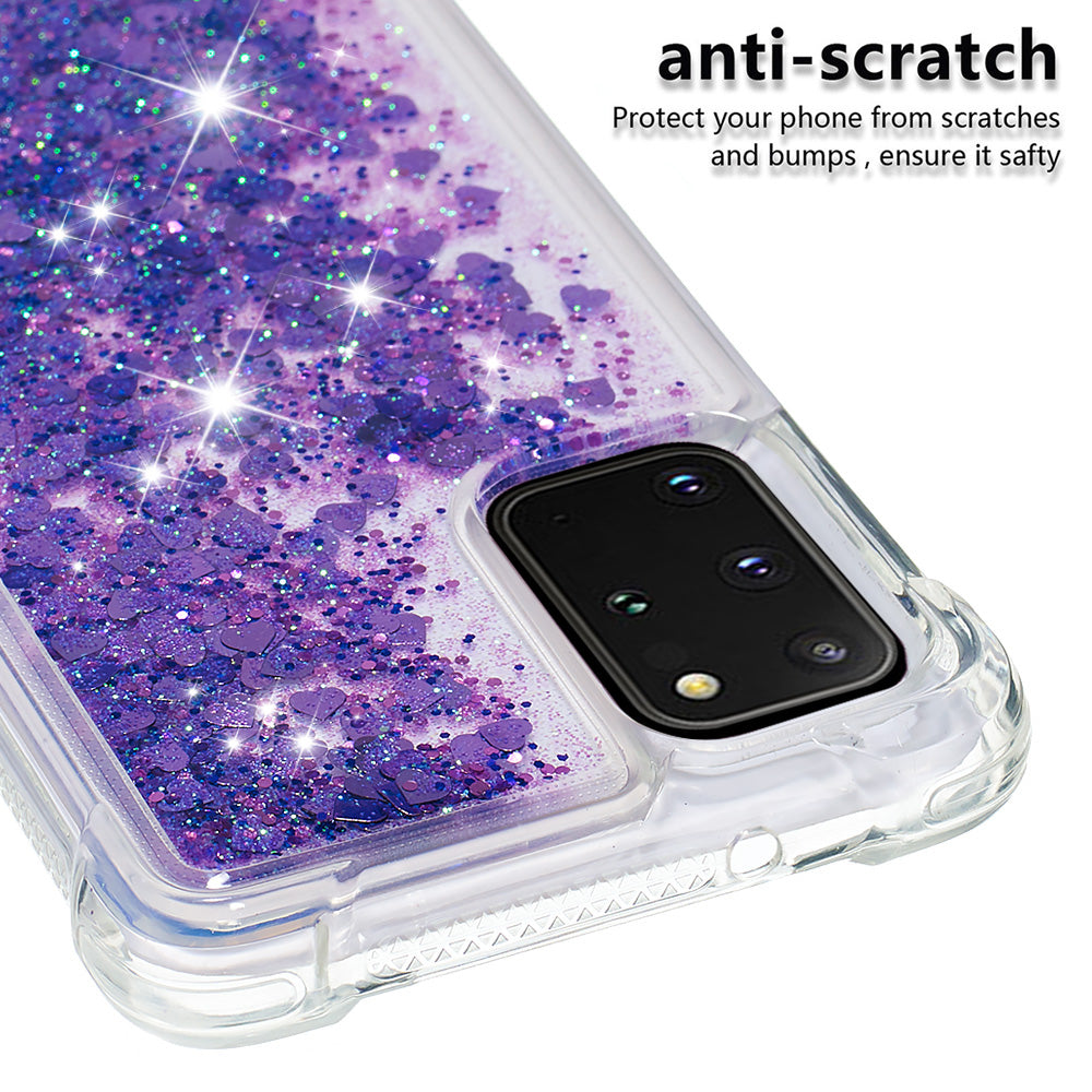 Well-protected Soft TPU Flowing Quicksand Phone Cover Case for Samsung Galaxy S20 Plus 4G/5G - Dark Purple Hearts