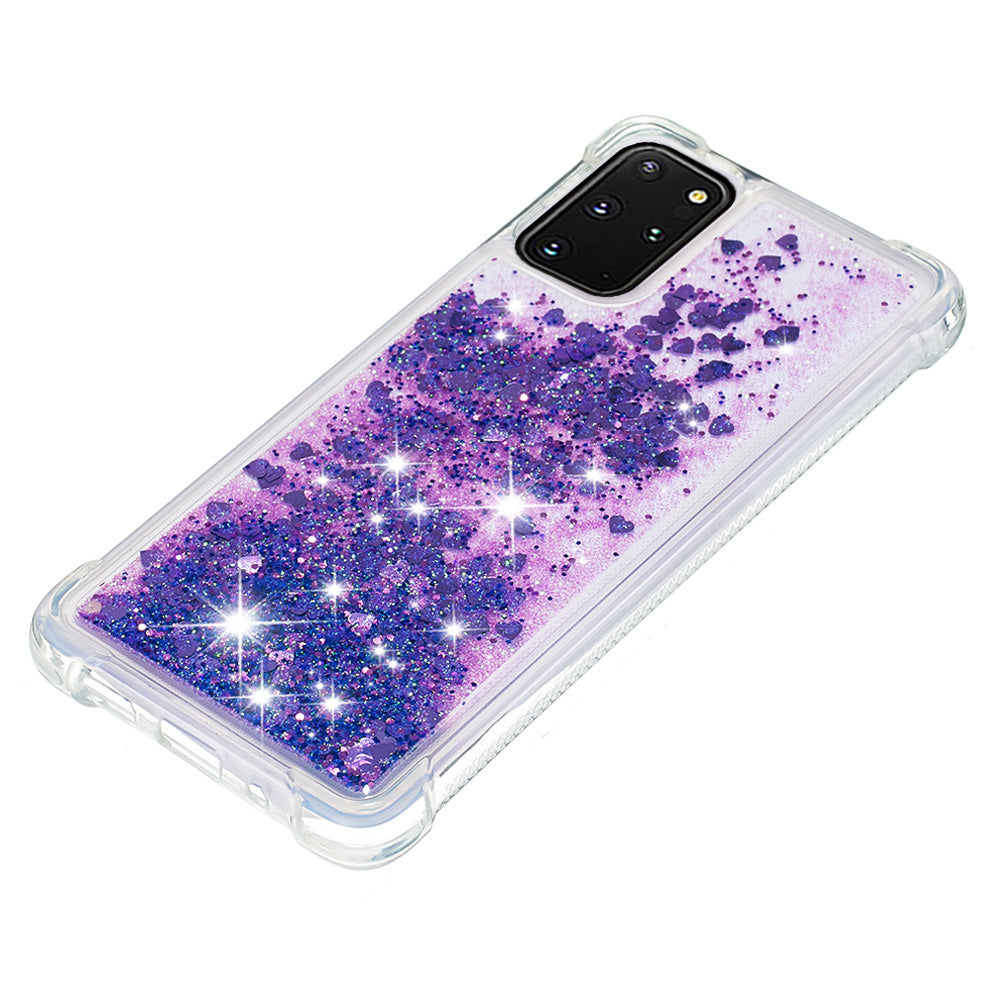 Well-protected Soft TPU Flowing Quicksand Phone Cover Case for Samsung Galaxy S20 Plus 4G/5G - Dark Purple Hearts