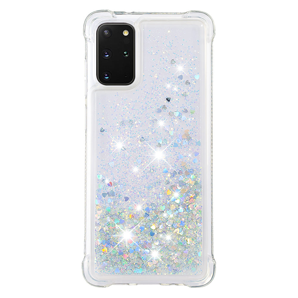 Well-protected Soft TPU Flowing Quicksand Phone Cover Case for Samsung Galaxy S20 Plus 4G/5G - Silver Hearts