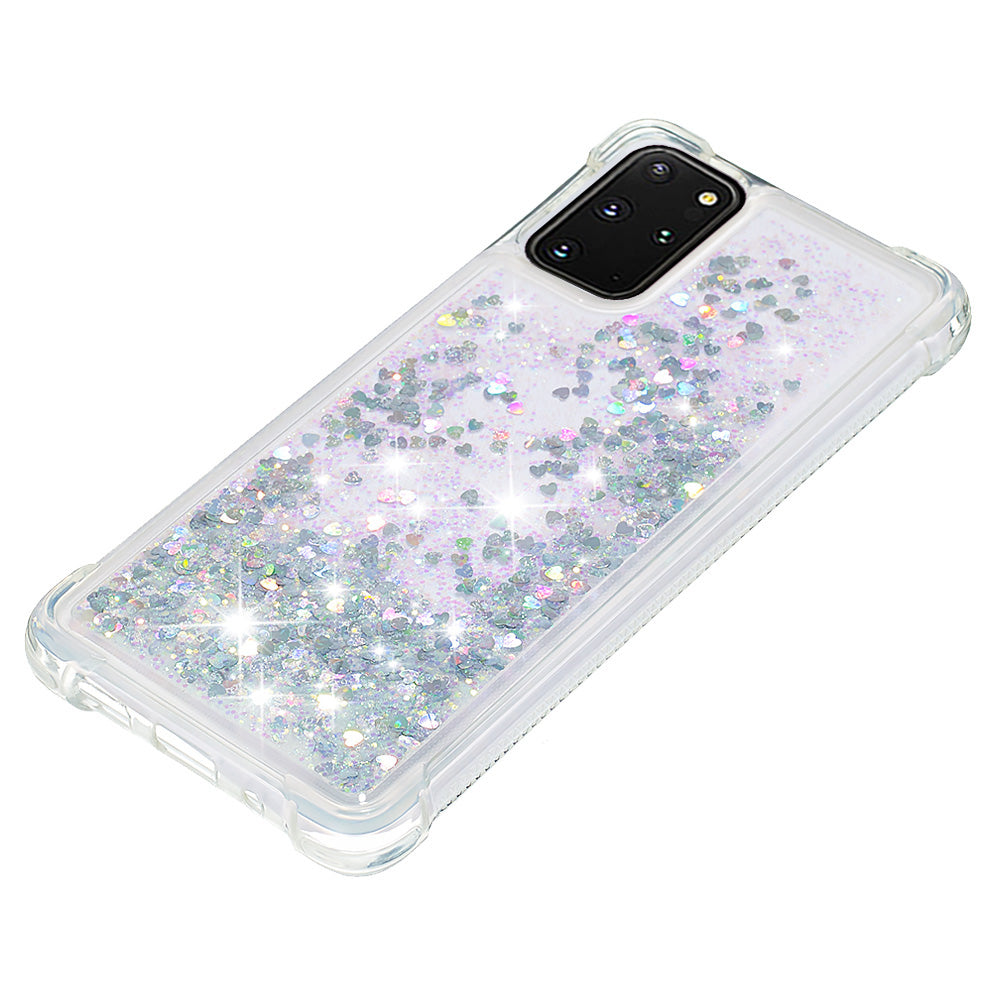 Well-protected Soft TPU Flowing Quicksand Phone Cover Case for Samsung Galaxy S20 Plus 4G/5G - Silver Hearts