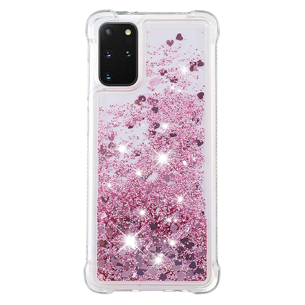 Well-protected Soft TPU Flowing Quicksand Phone Cover Case for Samsung Galaxy S20 Plus 4G/5G - Rose Gold Hearts