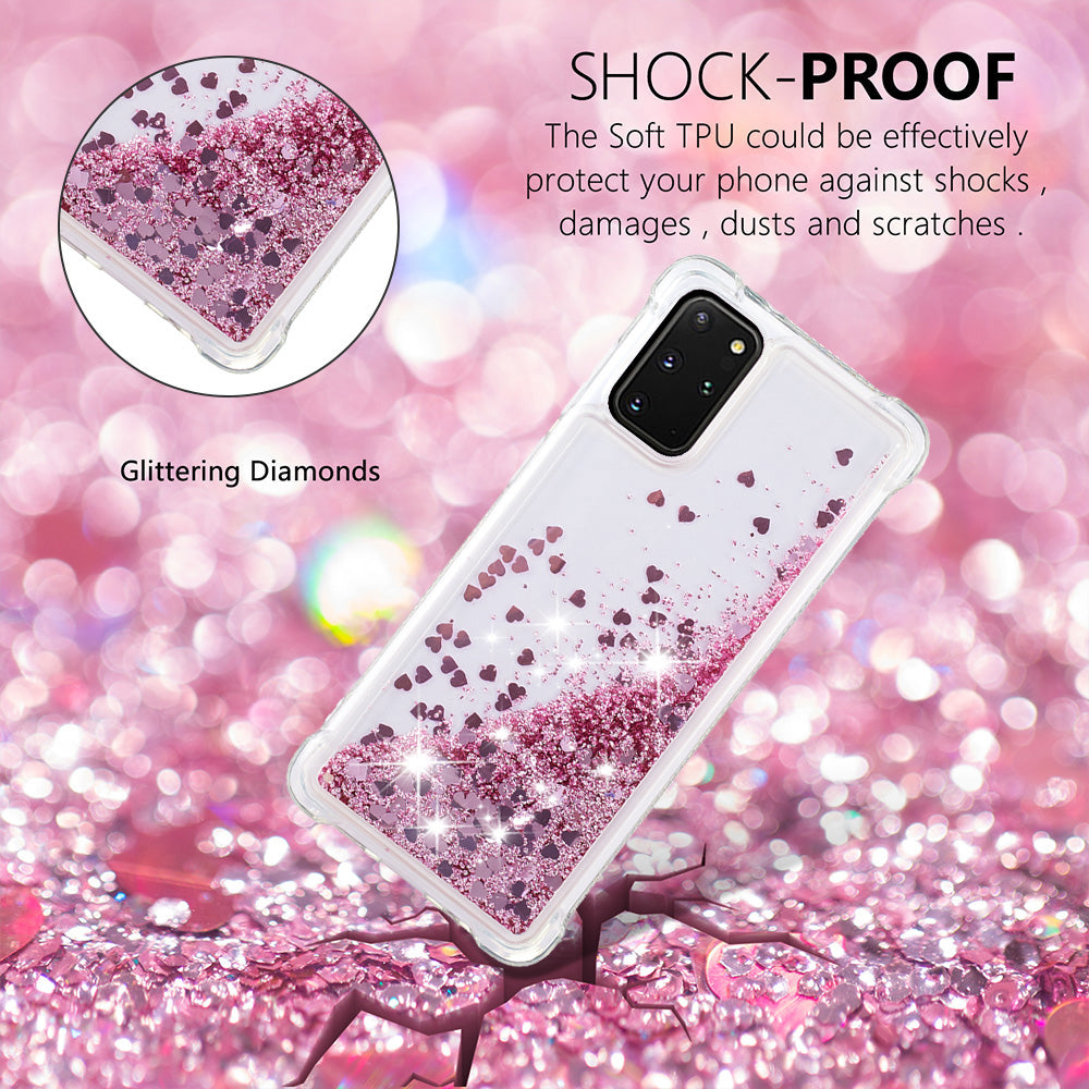 Well-protected Soft TPU Flowing Quicksand Phone Cover Case for Samsung Galaxy S20 Plus 4G/5G - Rose Gold Hearts